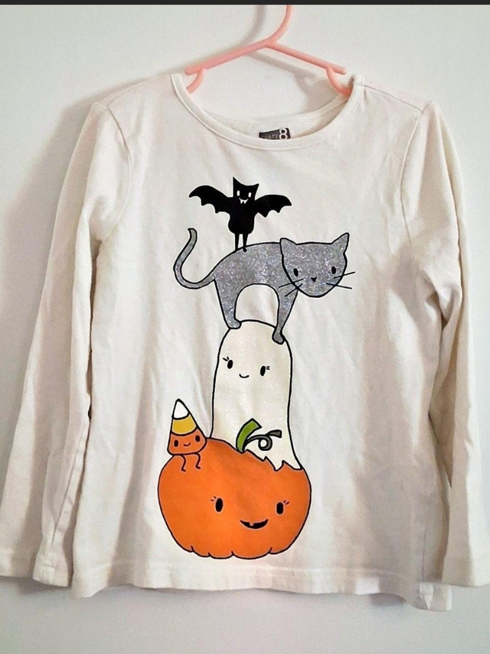 Size S (5/6) Crazy 8 White Long Sleeve Halloween Glittery Graphic Tee